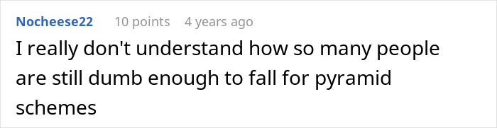 Comment on Reddit discussing disbelief about people falling for pyramid schemes in a social media thread.