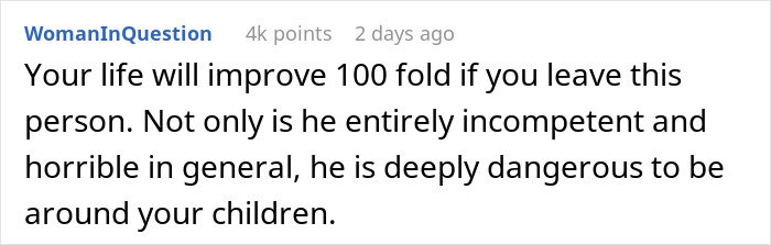 Comment warning about mental health a***e pushing wife to the edge, leading her to quit after wedding photo snub.