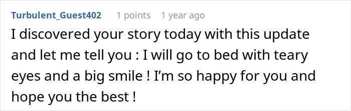 Screenshot of a heartfelt online comment expressing happiness and support for a woman&rsquo;s story about her cheating husband.