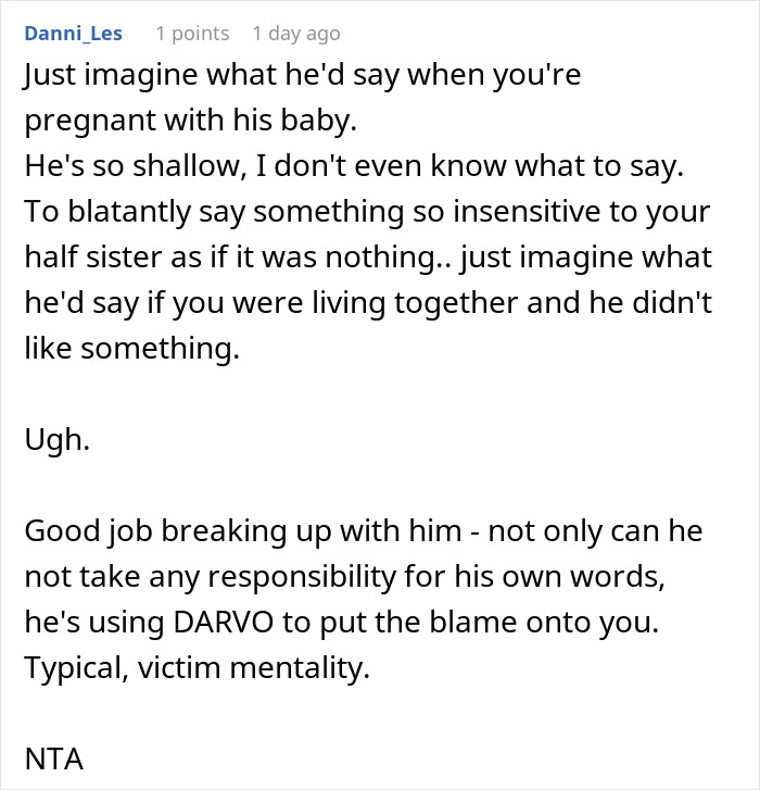 Comment on a toxic relationship ending after insensitive words to girlfriend&rsquo;s teen sister causing breakup.