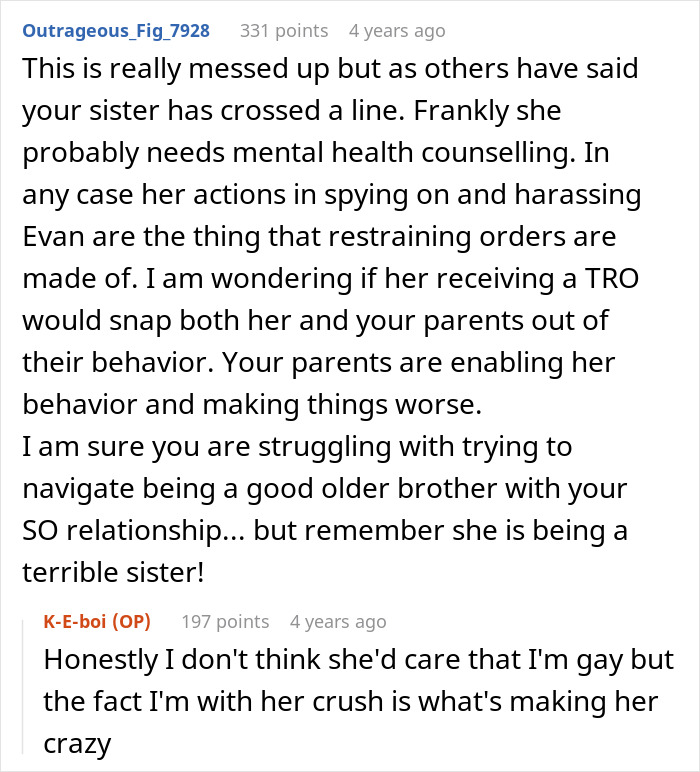 Reddit comments discussing a guy&rsquo;s sister catching him with his secret boyfriend and demanding he dump him.