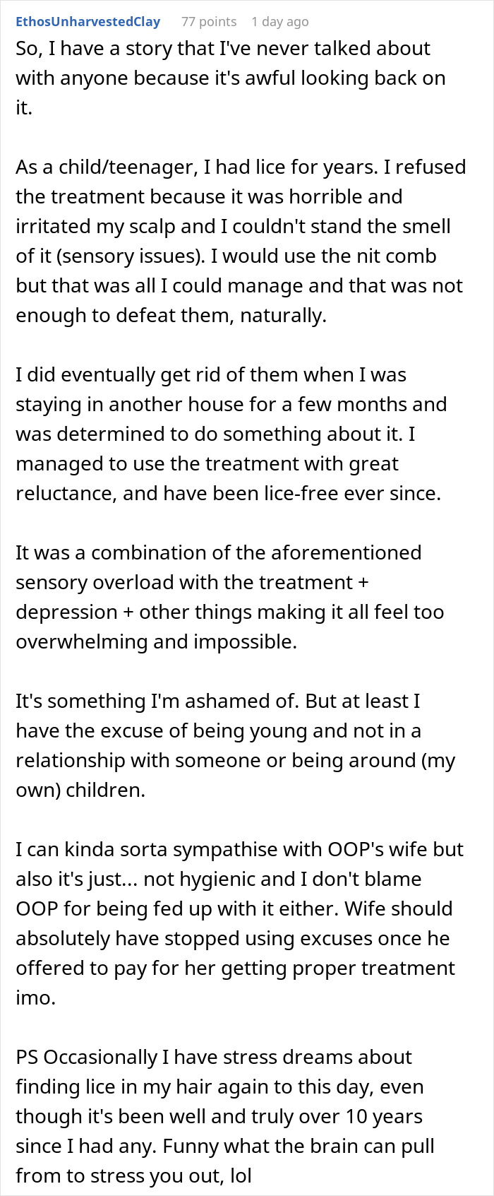Text post discussing personal experience with lice treatment challenges, lice refusal, and impact on relationships and hygiene.