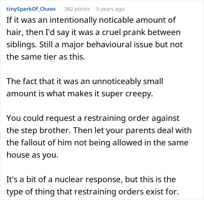 Comment discussing the creepy behavior of a teen cutting a step-sister&rsquo;s hair and parents dismissing it.
