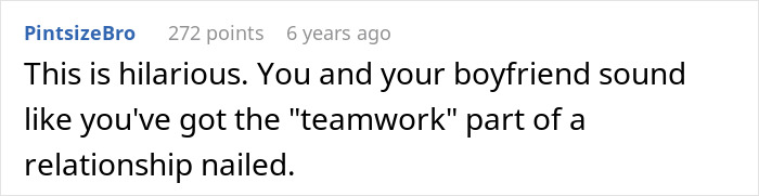 Comment from PintsizBro praising a couple's teamwork, related to gave boyfriend flowers sexist uncle discussion.