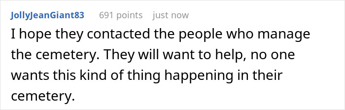 Comment expressing hope for cemetery management to intervene after vandalism and vile letters at daughter's grave site.