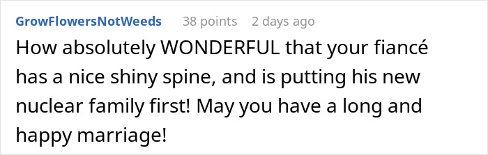 Comment praising fianc&eacute;&rsquo;s shiny spine and prioritizing nuclear family, wishing long and happy marriage.