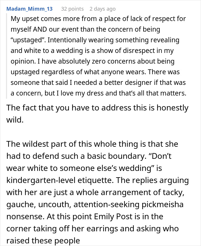 Commenter discusses respect and etiquette around wearing white dresses to weddings and defends boundaries on dress color.