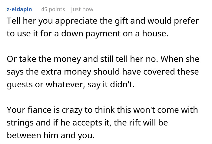 Comment discussing bride refusing MIL's $25K wedding gift, debating if it&rsquo;s an olive branch or a trap with potential strings attached.