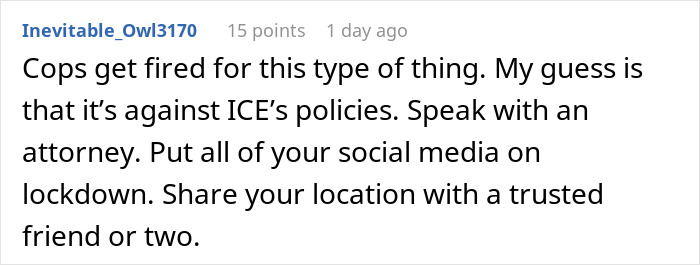 Comment discussing potential ICE policy violation after woman gets detained speaking foreign language in parking lot. Comment discussing potential ICE policy violation after woman gets detained speaking foreign language in parking lot.