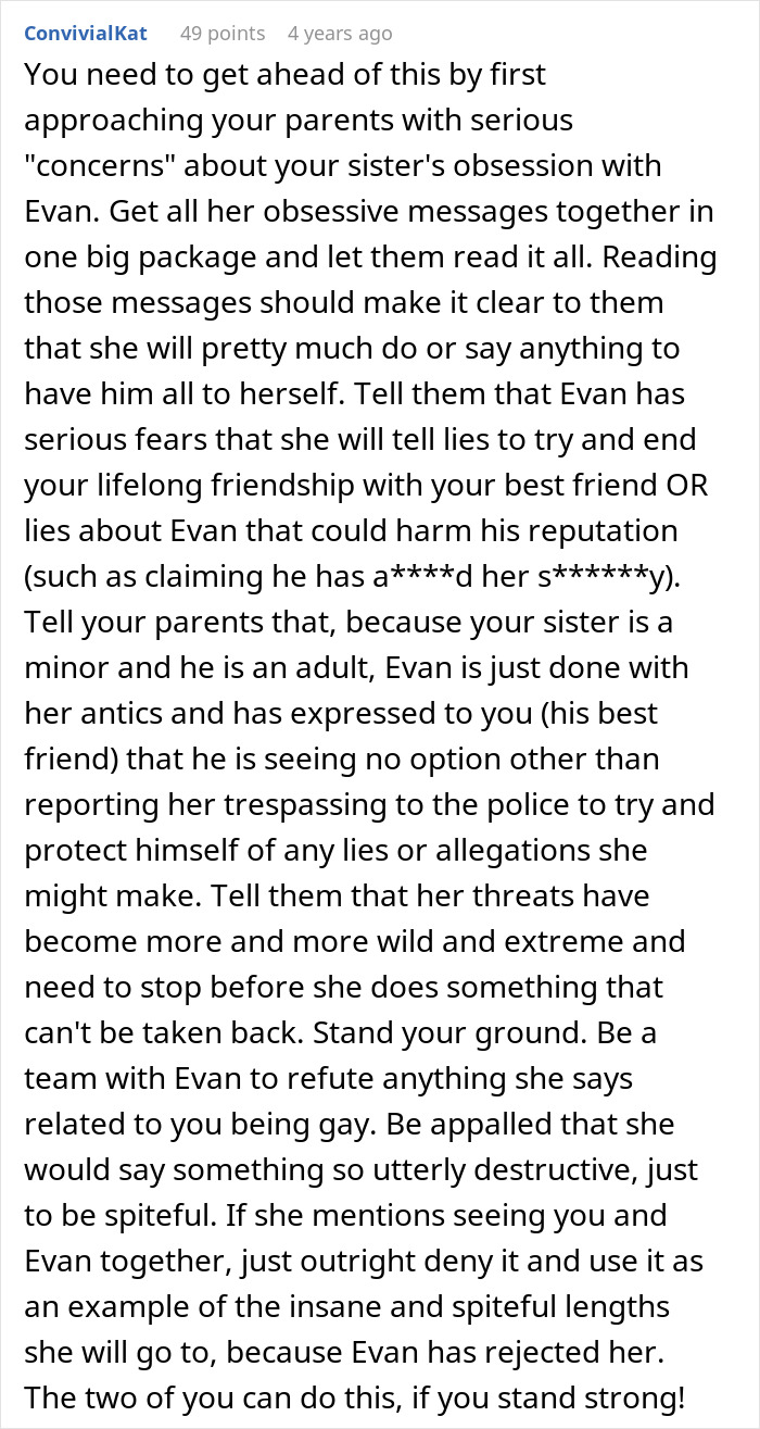 Text screenshot showing advice on dealing with a sister obsessed with secret boyfriend and demands to date him instead.