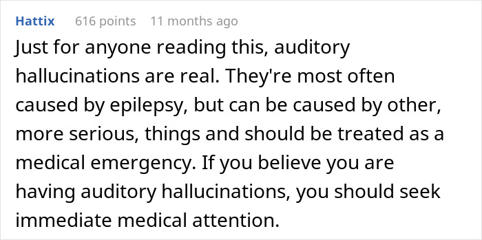 Text post about auditory hallucinations caused by epilepsy and medical emergency advice for immediate attention.