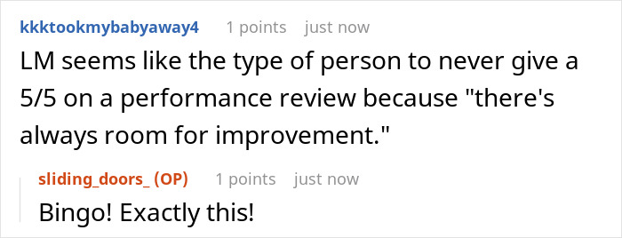 Online forum conversation highlighting a cynic boss discussing work-life balance and employee performance reviews.