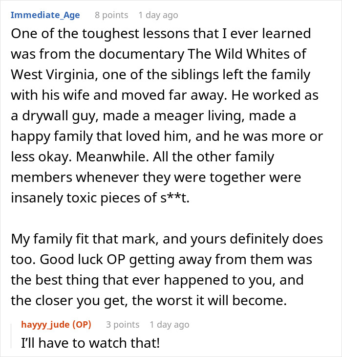 Comment thread discussing family toxicity and a gay man&rsquo;s refusal to fund parents&rsquo; retirement after being kicked out.