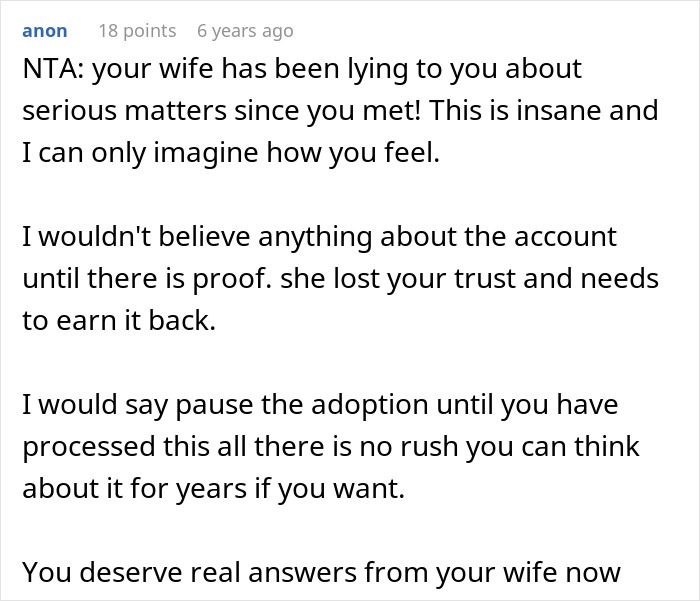 Comment discussing a man refusing to adopt wife's kids after discovering hidden truths about their father.