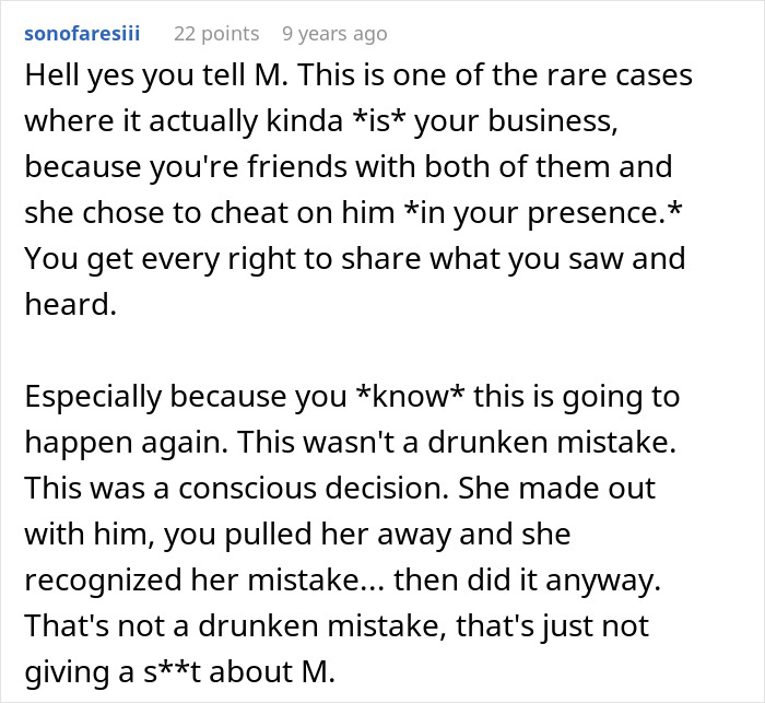 Comment discussing a cheater hiding a one night stand from boyfriend and friend threatening to expose her secret.