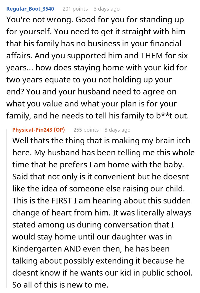 Reddit comments discussing a woman standing up to her husband’s entitled family after being called out for not having a job. Reddit comments discussing a woman standing up to her husband’s entitled family after being called out for not having a job.
