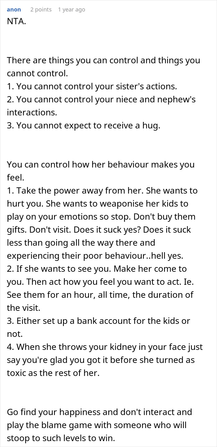 Comment advice on coping with niblings being brainwashed to hate, emphasizing emotional control and distancing from toxic family.
