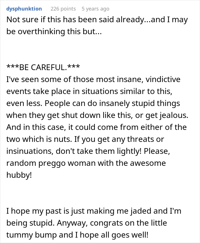 Text post from Reddit user dysphunktion warning about vindictive behavior and threats toward a pregnant woman involved in a family feud.