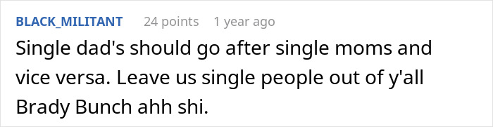 Comment on forum post discussing dating dynamics, mentioning single dad and young woman perspectives and relationship views.