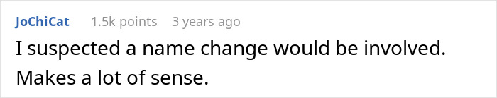 Screenshot of a forum comment discussing suspicion about a name change related to someone&rsquo;s identity.
