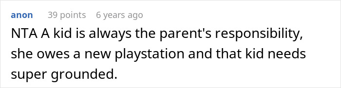 Screenshot of an online comment discussing an 11-year-old breaking an aunt&rsquo;s PS4 and parental responsibility for replacement.