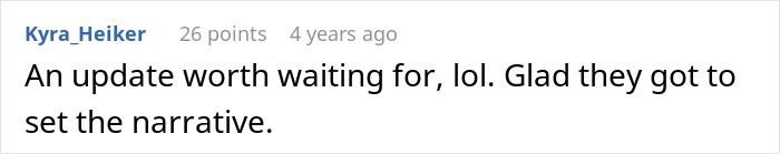 Screenshot of a comment discussing an update about a guy&rsquo;s sister catching him with his secret boyfriend situation.