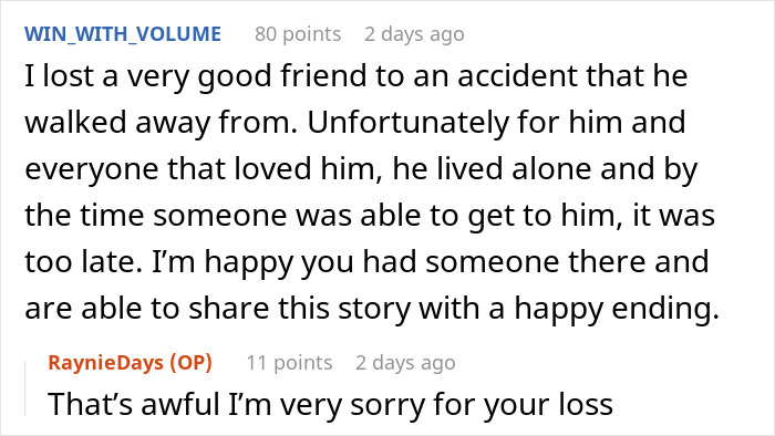 Comment discussion about a friend lost after an accident, highlighting the seriousness of car crashes and recovery awareness.