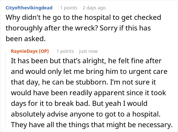 Commenters discuss a man coughing up blood days after a car accident, urging others to take crashes seriously and seek medical care.