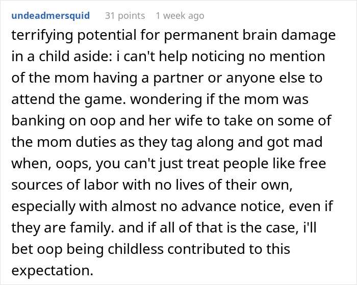 Text comment discussing potential brain damage in a child and family dynamics around attending an uncertain boxing match.