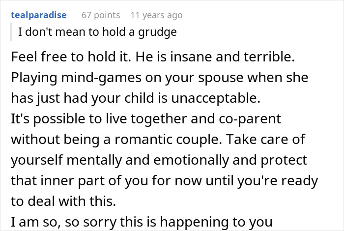 Screenshot of a user comment discussing secret paternity tests and emotional impact on spouses after childbirth.