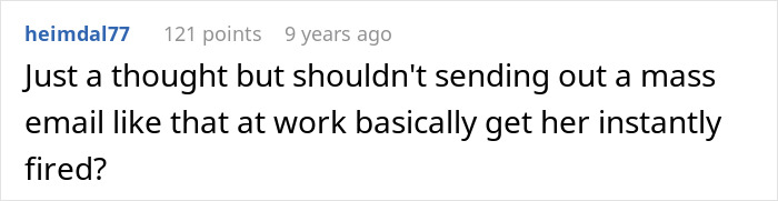 Screenshot of a Reddit comment discussing consequences of sending a mass email at work in relation to giving away a child on Facebook. Screenshot of a Reddit comment discussing consequences of sending a mass email at work in relation to giving away a child on Facebook.