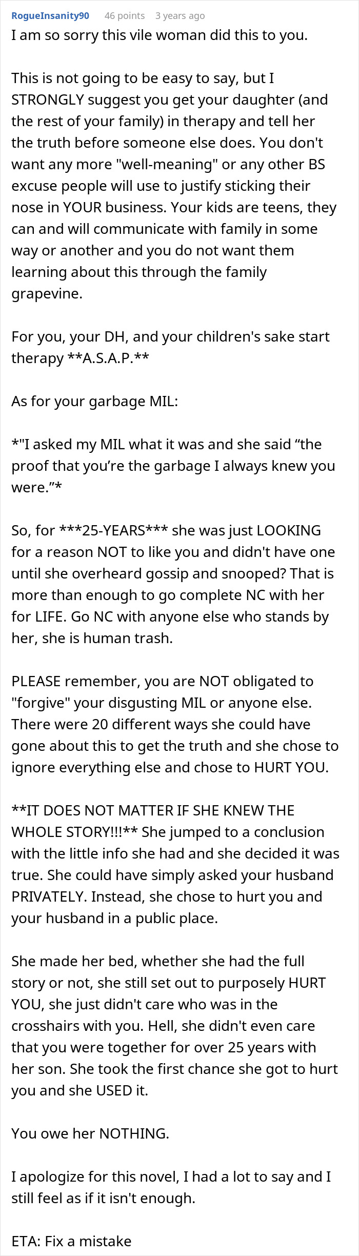 Commenter responds to MIL secretly DNA testing grandkid, sharing advice on coping and family therapy after betrayal.