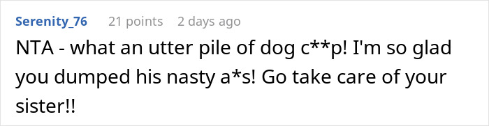 Screenshot of a forum comment reacting to a guy ending a 3-year relationship over a comment to girlfriend&rsquo;s sister