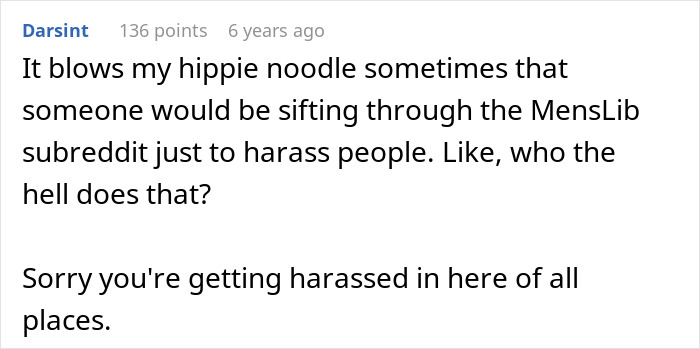 Comment expressing disbelief over harassment for giving boyfriend flowers, highlighting sexism from uncle remarks.