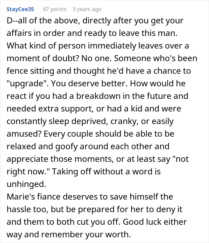 Comment discussing a woman's innocent goofy joke revealing her husband's horrible, cheating behavior and relationship advice.