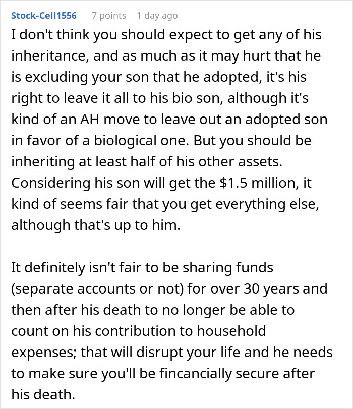 Text comment discussing husband lying about inheritance and fairness of leaving wife who cares for him with nothing.