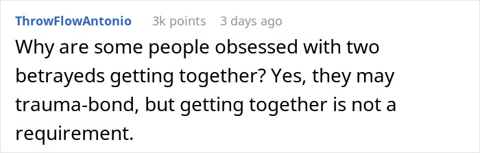 Comment discussing obsession with two betrayed people getting together, related to cheating and secrets in relationships.