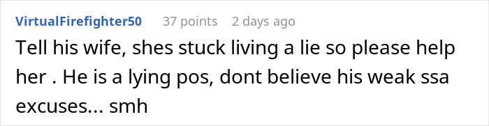 Screenshot of an online comment revealing disbelief and urging to expose a boyfriend&rsquo;s double life to help his wife.