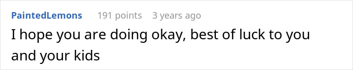 Text comment saying hope and best wishes for a mom coming back from a long shift to a mess with baby screaming and son panicking.