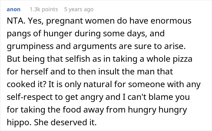 Screenshot of an online comment discussing a pregnant wife's hunger and a husband's reaction to her selfish behavior.