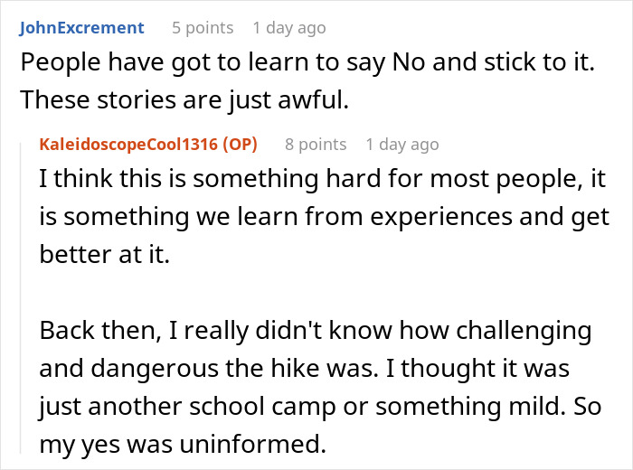 Screenshot of an online discussion about men abandoning their partners during outdoor activities and related experiences.