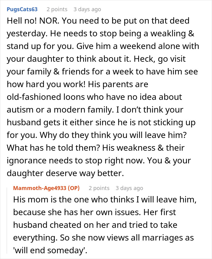 Reddit comments discussing woman expecting money gift from in-laws, but they meant husband only in family conflict.