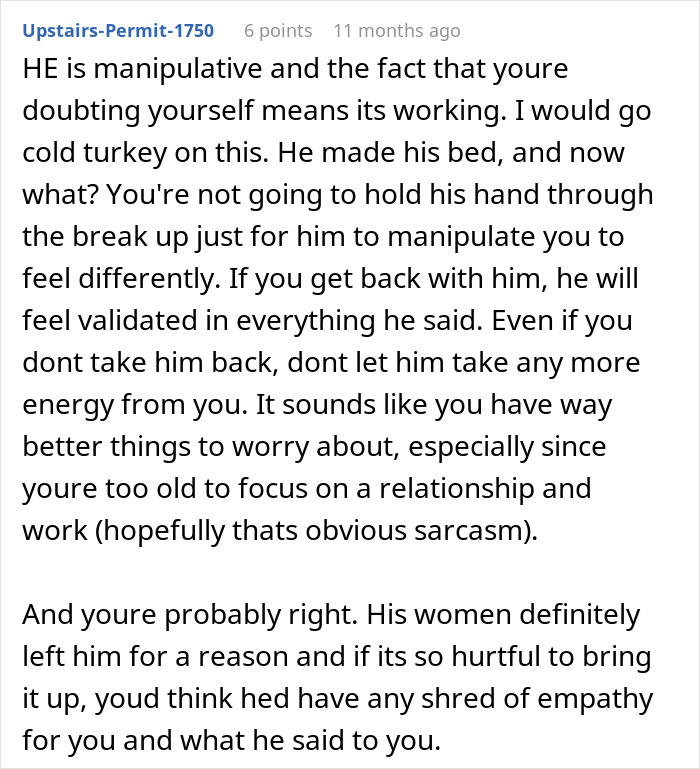 Comment discussing manipulation and dismissal of a woman&rsquo;s career milestone amid relationship struggles.