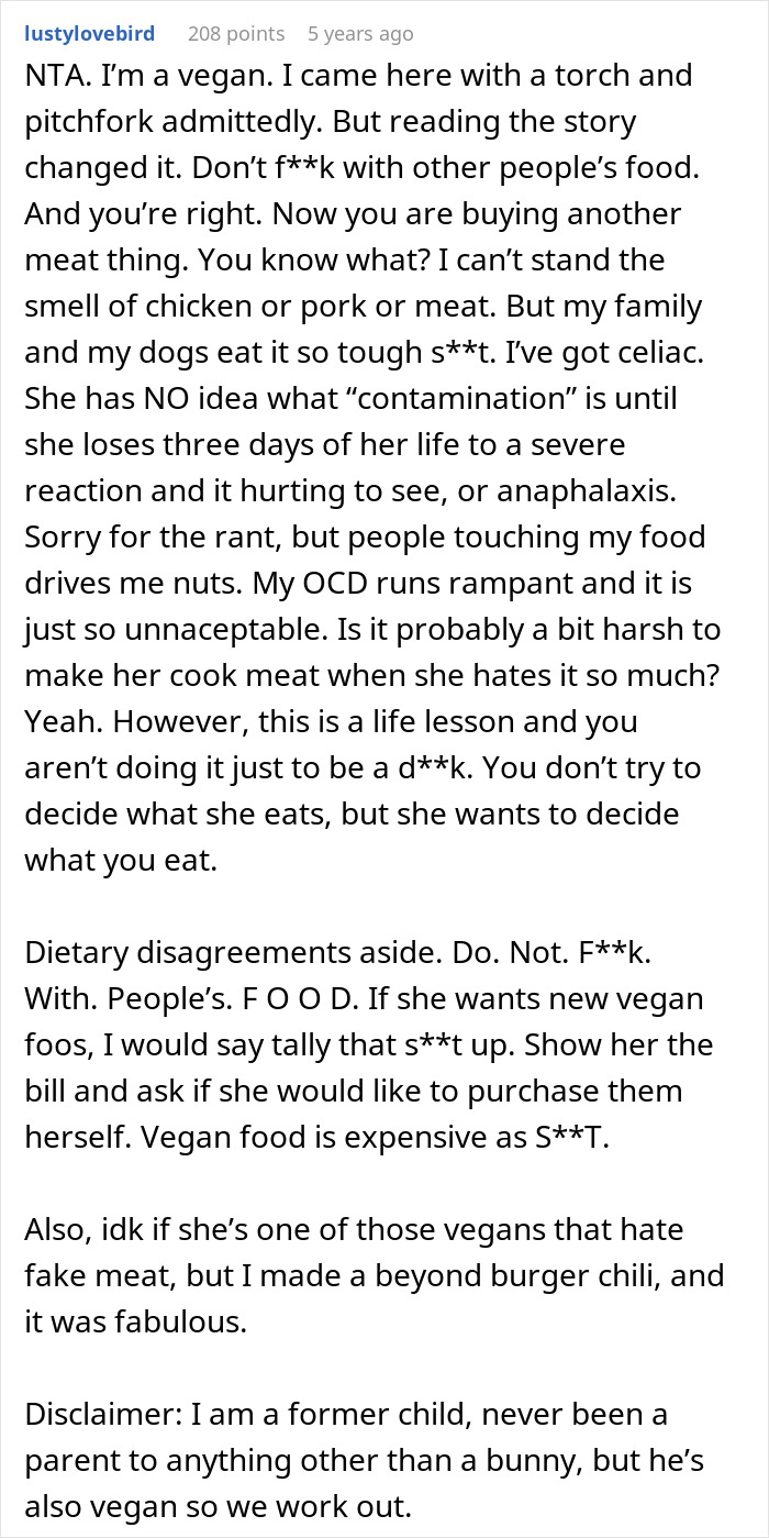 Comment from a vegan about making a teen cook meat to teach a lesson on wasting food and dietary boundaries.