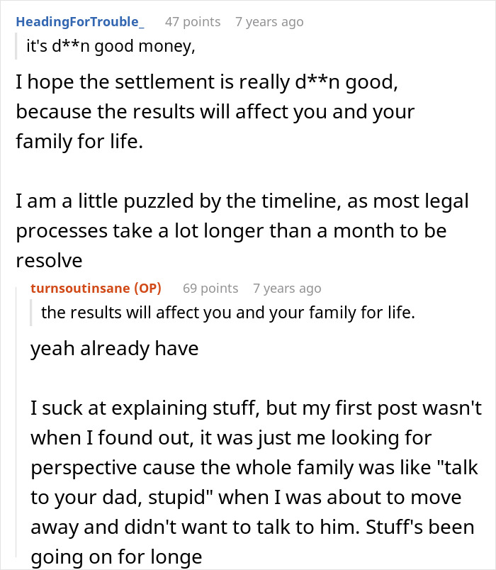 Reddit comments discussing DNA lab mixing paternity results and a man realizing he disowned the wrong son.