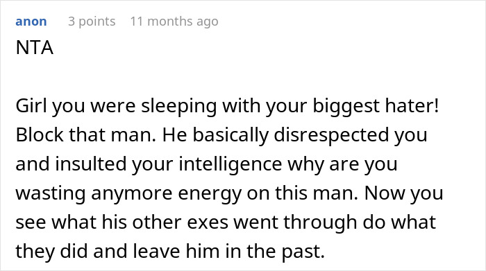 Screenshot of a forum comment advising a woman to block a man who dismisses her career milestone and accuses her of sleeping her way to success.