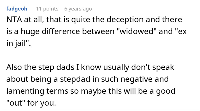 Screenshot of an online comment discussing deception and stepdad relationships in a family adoption context.
