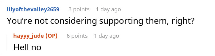 Screenshot of an online comment where a gay man refuses to fund parents&rsquo; retirement after being kicked out by them.