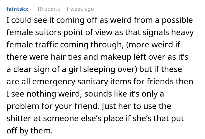 Comment discussing a man stashing Midol and tampons in bathroom for friends and guest drama over virtue signaling.