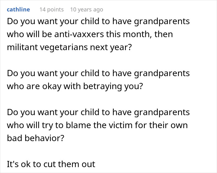Comment on family conflict about woman cutting off parents after betrayal and facing backlash, highlighting toxic family dynamics.